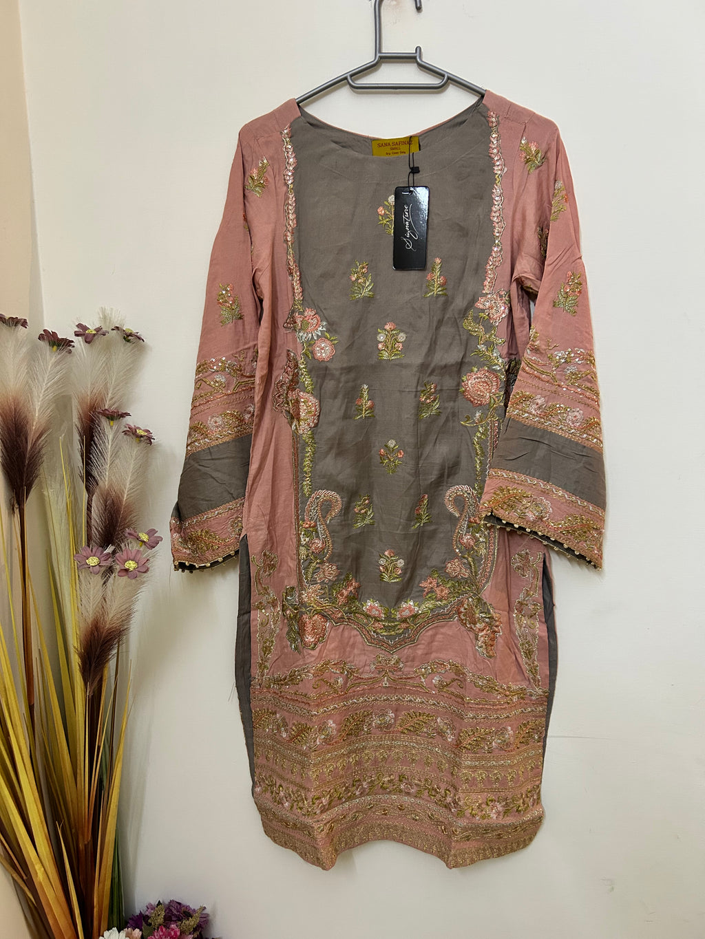 Sana Safinaz | Embroidered | Raw Silk | 1-Piece | Ready to Wear | Pink Grey