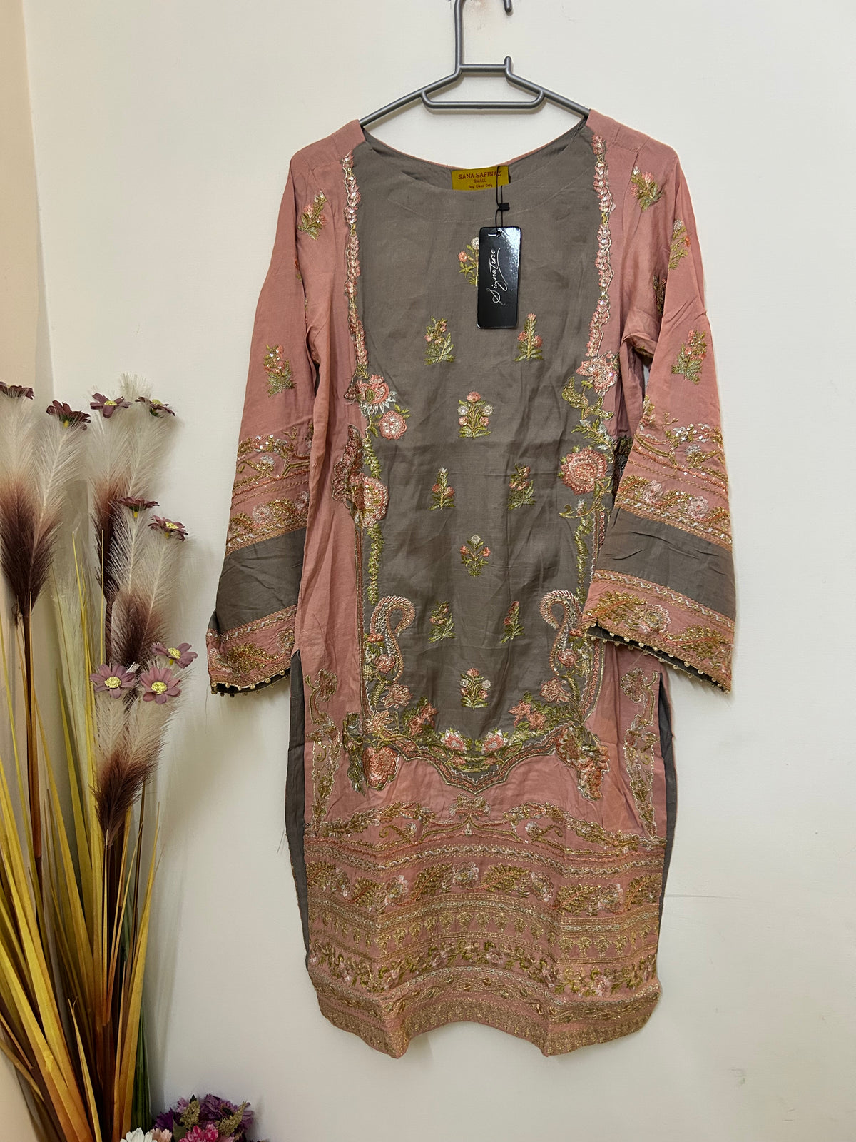 Sana Safinaz | Embroidered | Raw Silk | 1-Piece | Ready to Wear | Pink Grey
