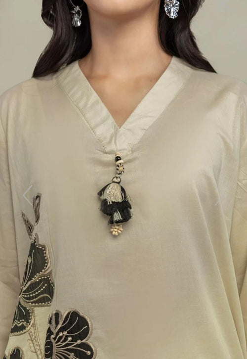 Khaadi | Embroidered | Cambric Lawn | 2-Piece | Ready to Wear | Beige Black