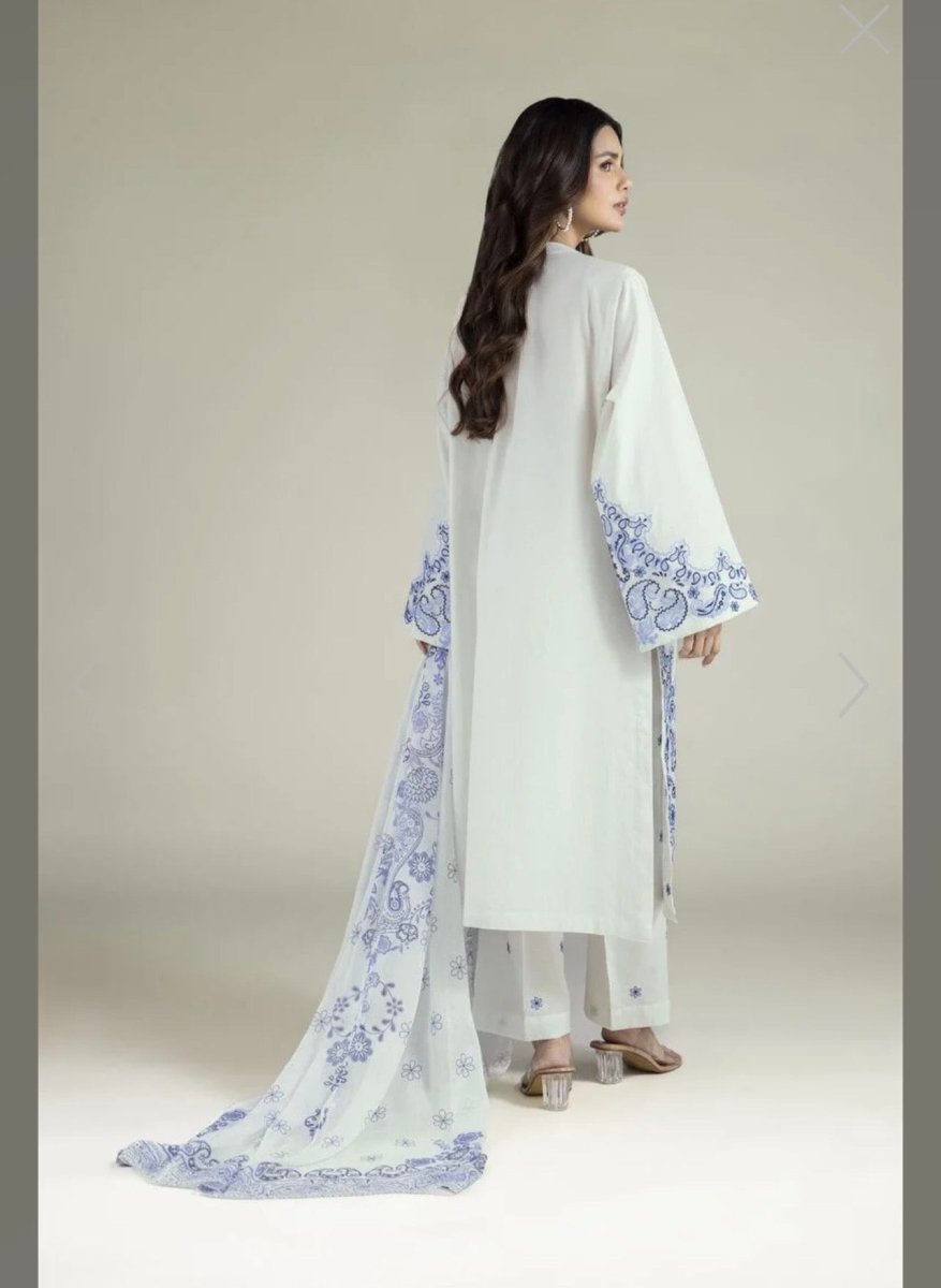 Khaadi | Embroidered | Dobby Cotton | 3-Piece | Ready to Wear | White Blue - Shopping Haul
