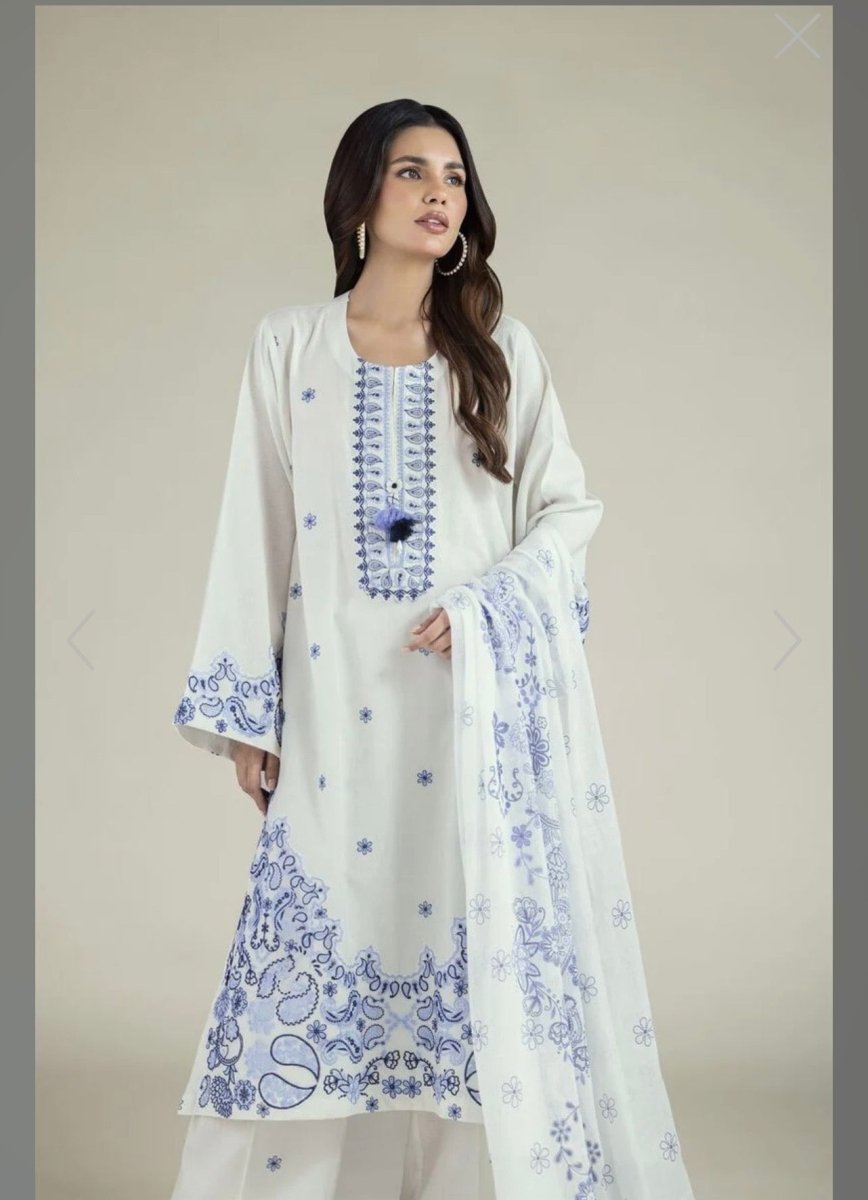 Khaadi | Embroidered | Dobby Cotton | 3-Piece | Ready to Wear | White Blue - Shopping Haul