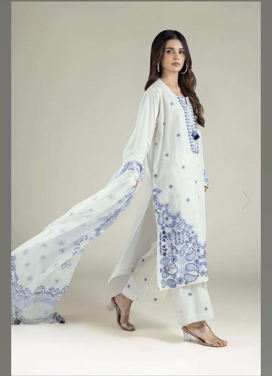 Khaadi | Embroidered | Dobby Cotton | 3-Piece | Ready to Wear | White Blue - Shopping Haul