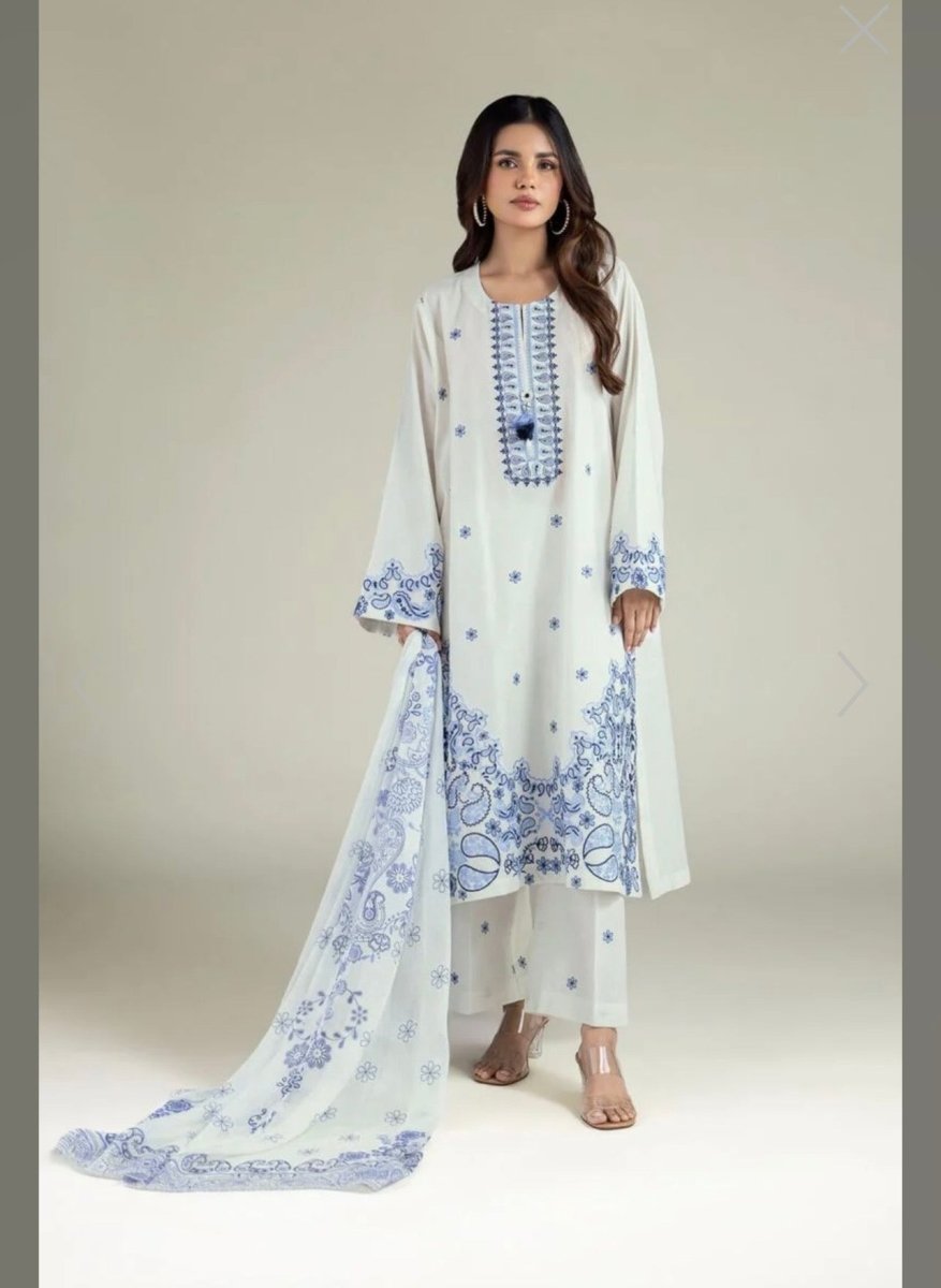 Khaadi | Embroidered | Dobby Cotton | 3-Piece | Ready to Wear | White Blue - Shopping Haul