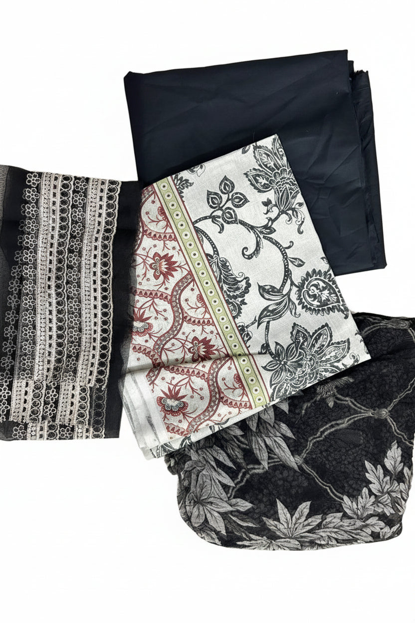 Maria B | Embroidered | Lawn | 3-Piece | Unstitched Suit | Black & White - Shopping Haul