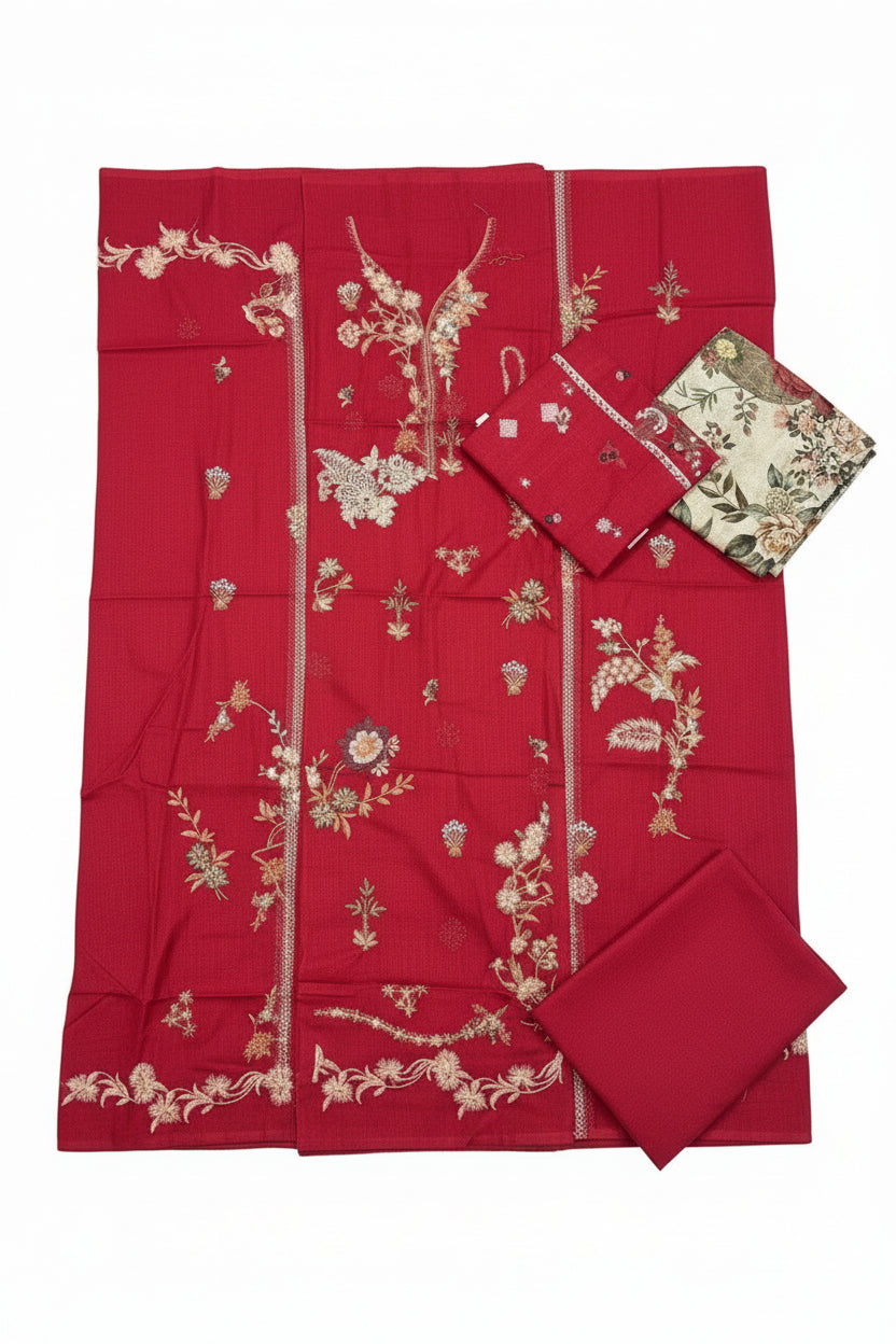 Sana Safinaz | Embroidered | Khaddar | 3-Piece | Unstitched Suit | Red - Shopping Haul