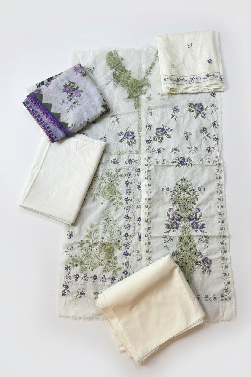 Sana Safinaz | Embroidered | Paper Cotton | 3-Piece | Unstitched Suit | White Purple - Shopping Haul
