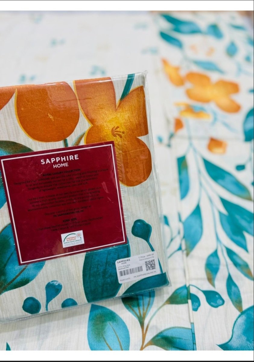 Sapphire | Floral | Bed Sheet | King Size | Blue Orange - Shopping Haul