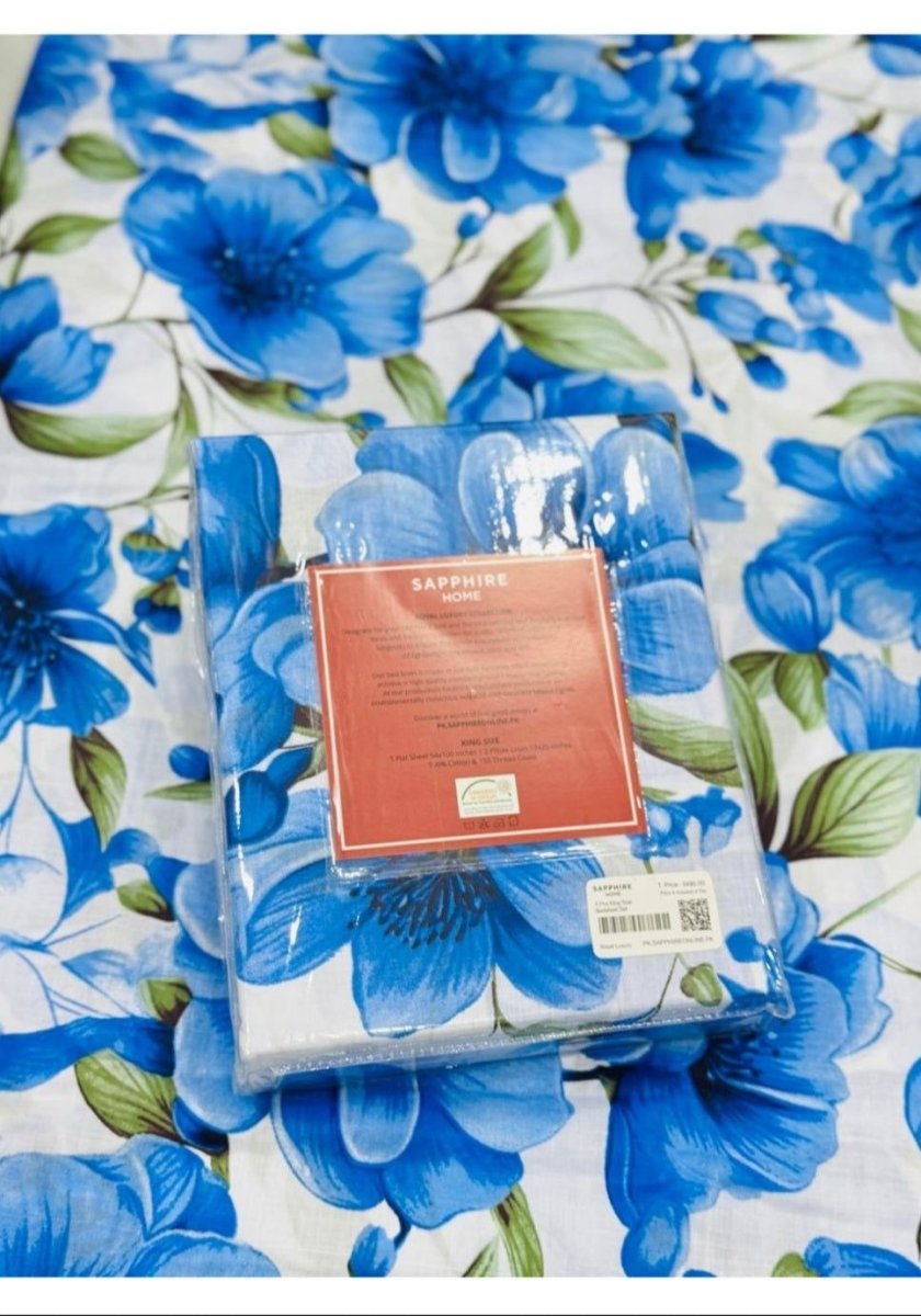 Sapphire | Printed | Bed Sheet | King Size | Blue White - Shopping Haul